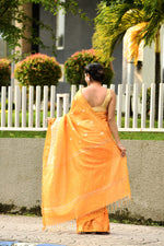 Pure handloom linen tussar saree with embroidery-Dark orange