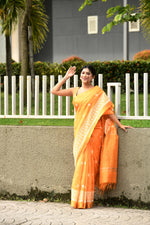 Pure handloom linen tussar saree with embroidery-Dark orange