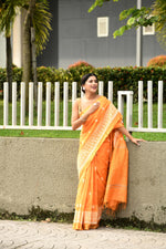 Pure handloom linen tussar saree with embroidery-Dark orange