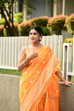 Pure handloom linen tussar saree with embroidery-Dark orange