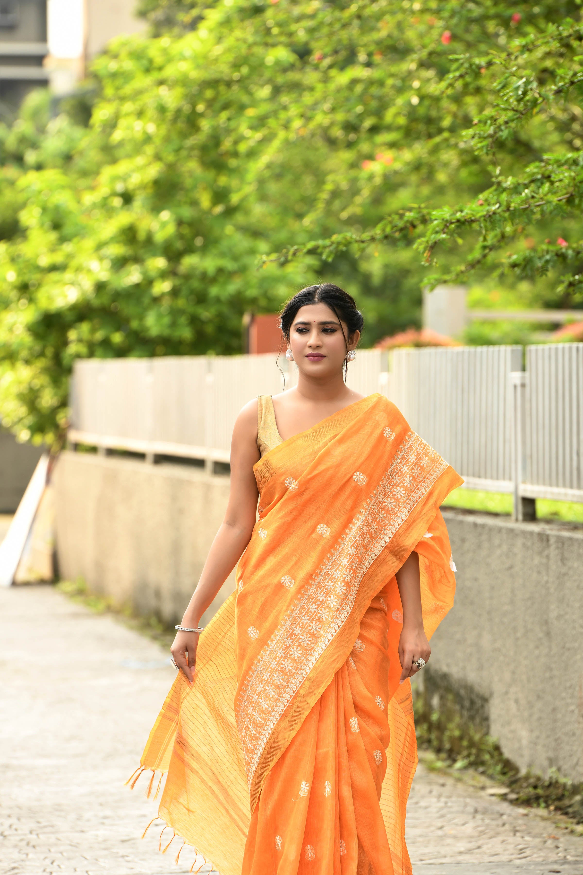 Pure handloom linen tussar saree with embroidery-Dark orange