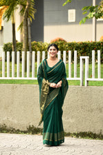 Bottle green cotton silk handwoven saree with self stripes and gold pallu