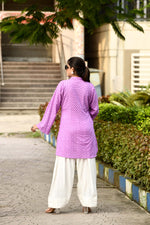 Dreamy Lavender hakoba flared sleeves mid thigh length straight kurta with off white farshi salwar with cut work embroidery