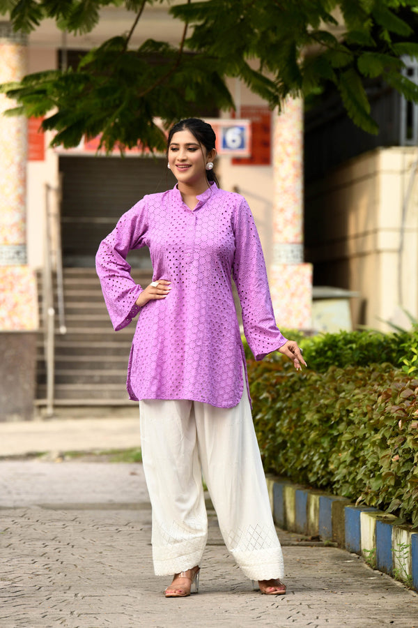 Dreamy Lavender hakoba flared sleeves mid thigh length straight kurta with off white farshi salwar with cut work embroidery