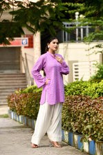 Dreamy Lavender hakoba flared sleeves mid thigh length straight kurta with off white farshi salwar with cut work embroidery
