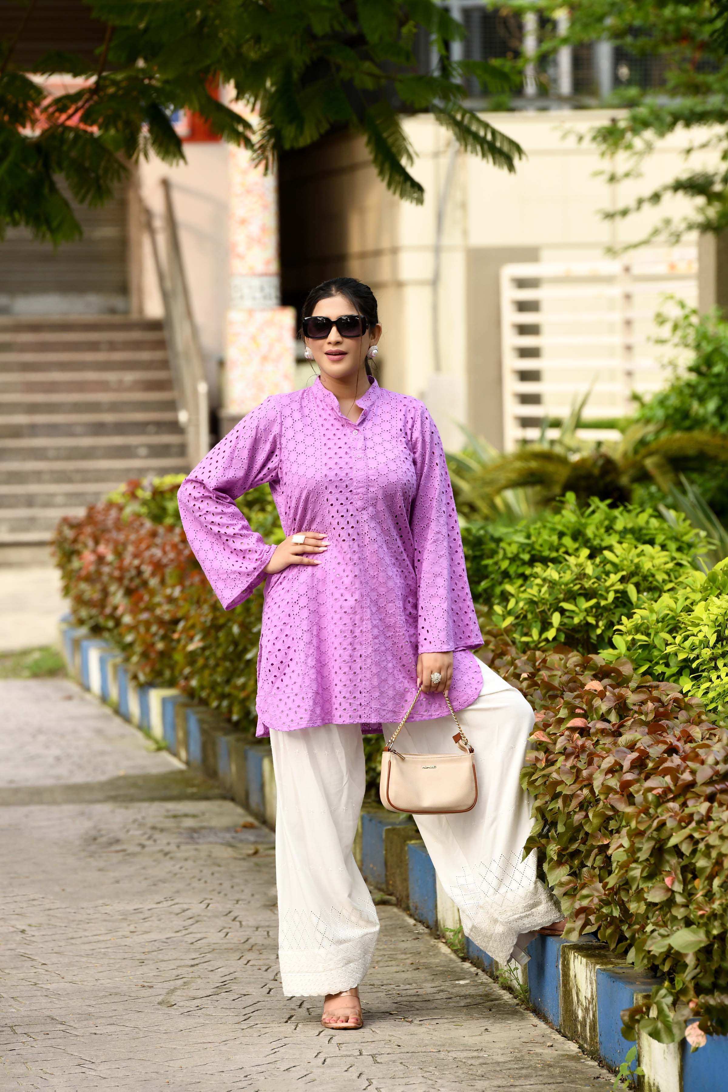 Dreamy Lavender hakoba flared sleeves mid thigh length straight kurta with off white farshi salwar with cut work embroidery