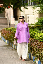 Dreamy Lavender hakoba flared sleeves mid thigh length straight kurta with off white farshi salwar with cut work embroidery