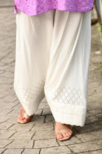 Dreamy Lavender hakoba flared sleeves mid thigh length straight kurta with off white farshi salwar with cut work embroidery
