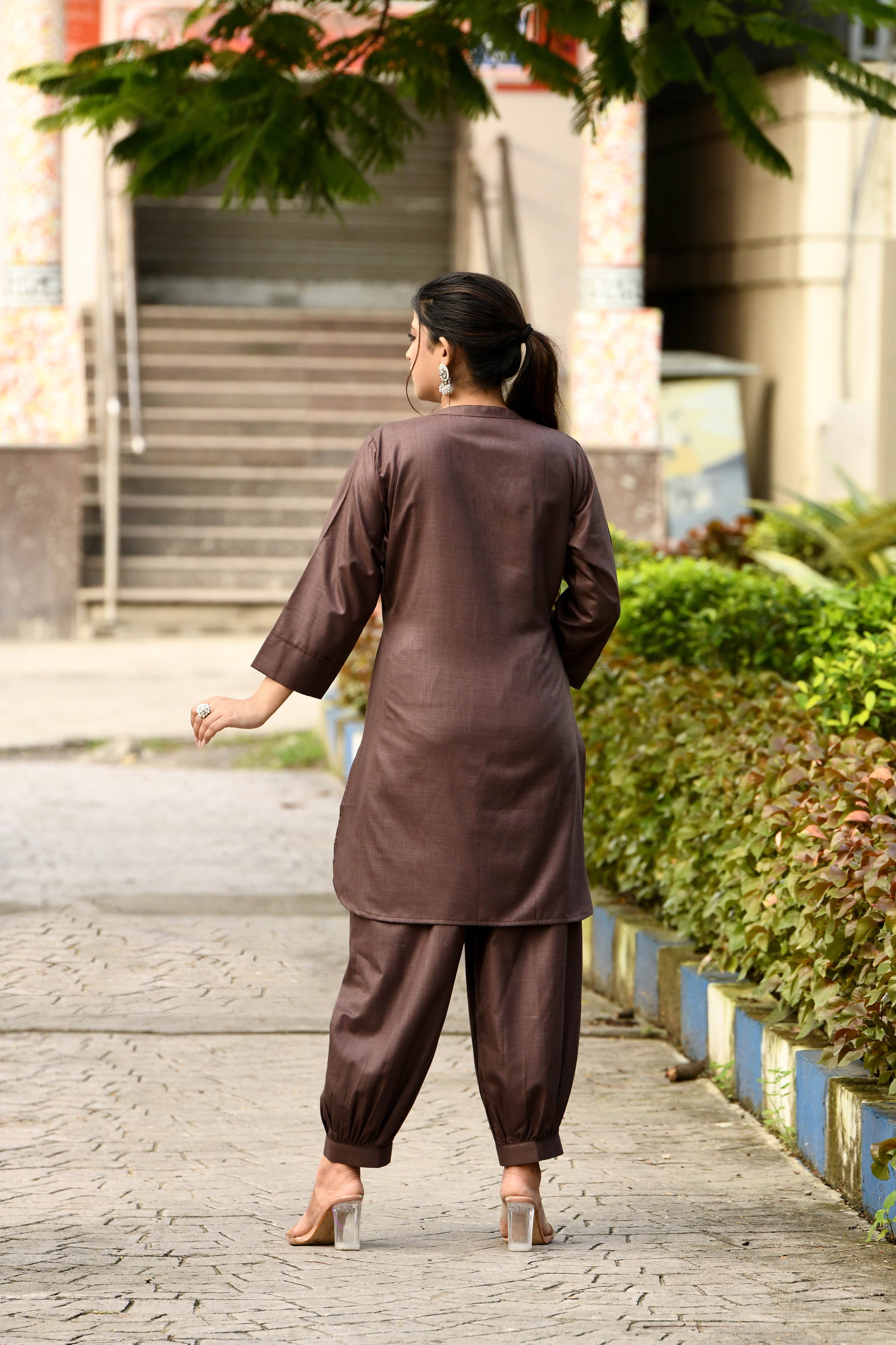 Rich Chocolate brown cotton slub Co-ord set with pants in harem style