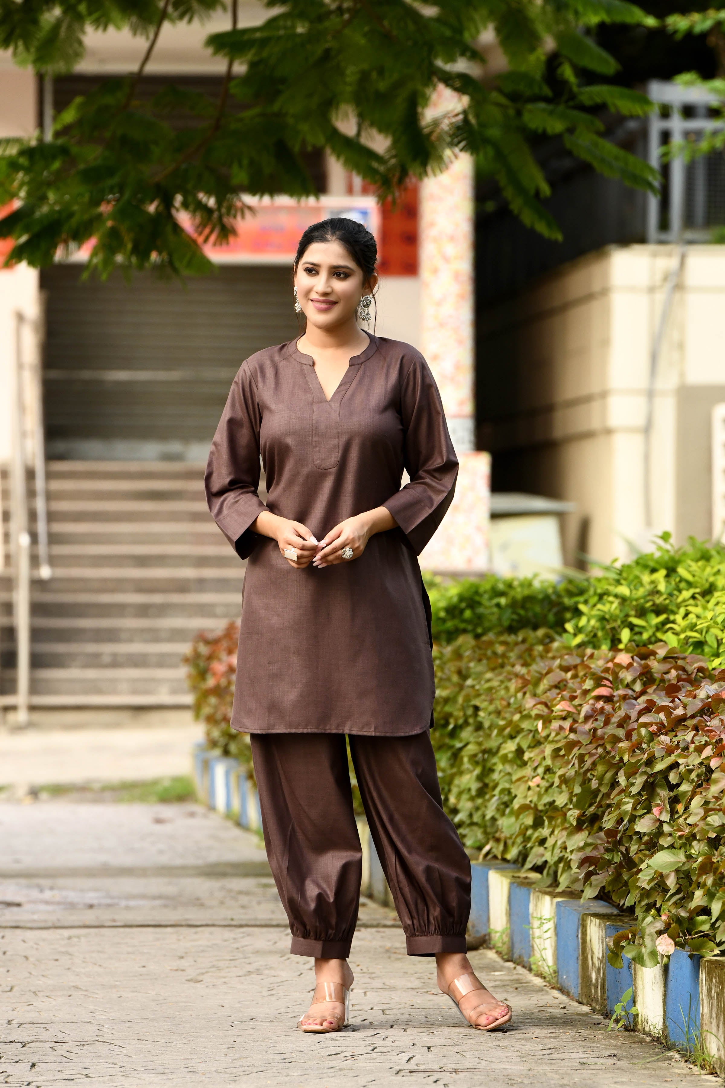 Rich Chocolate brown cotton slub Co-ord set with pants in harem style