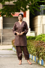 Rich Chocolate brown cotton slub Co-ord set with pants in harem style
