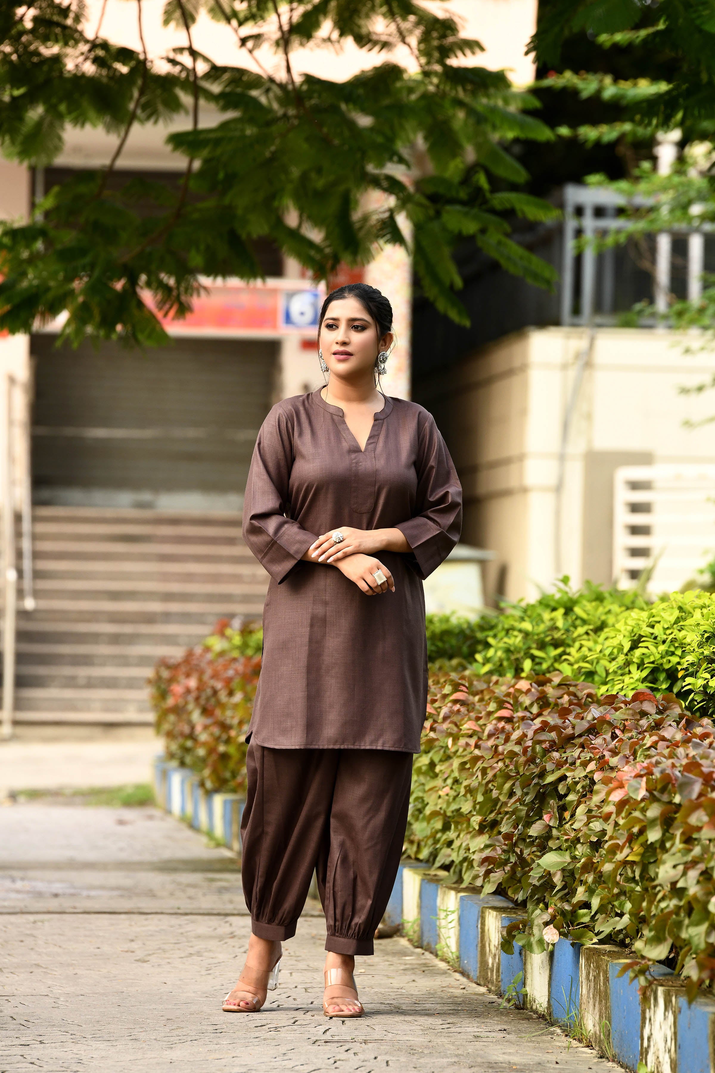 Rich Chocolate brown cotton slub Co-ord set with pants in harem style