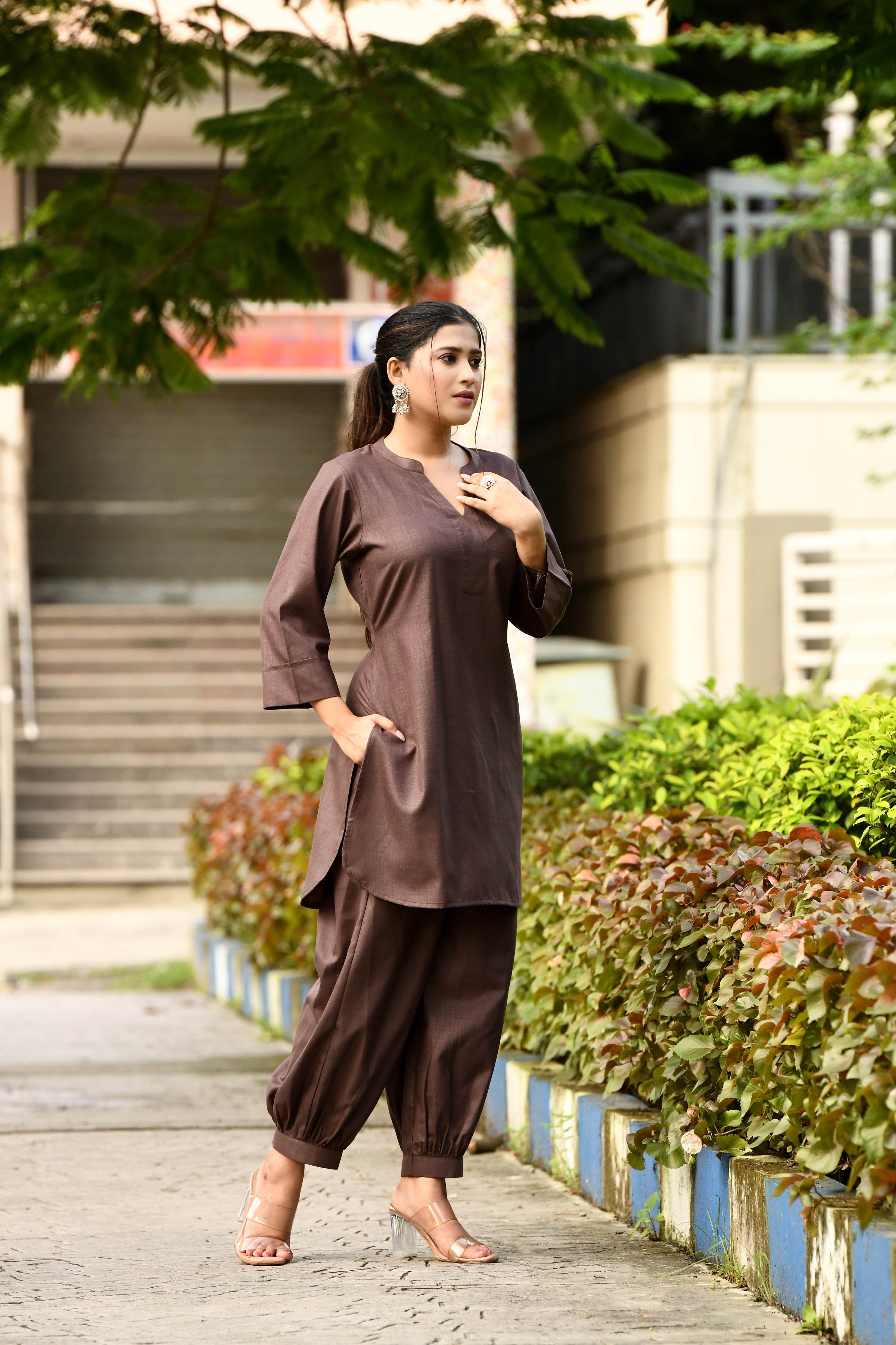Rich Chocolate brown cotton slub Co-ord set with pants in harem style