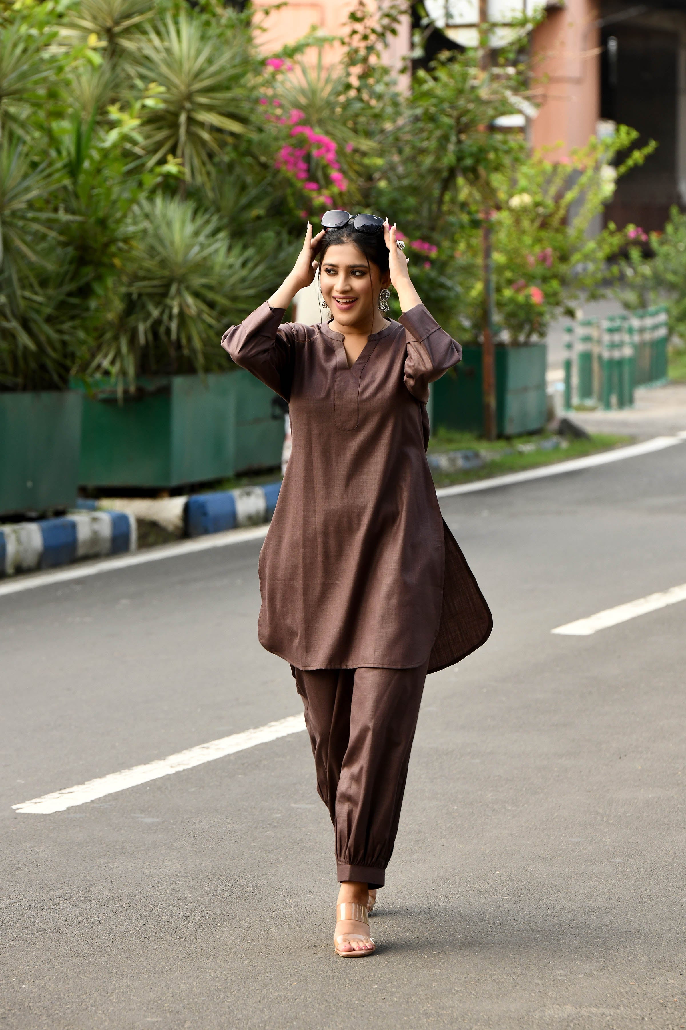 Rich Chocolate brown cotton slub Co-ord set with pants in harem style