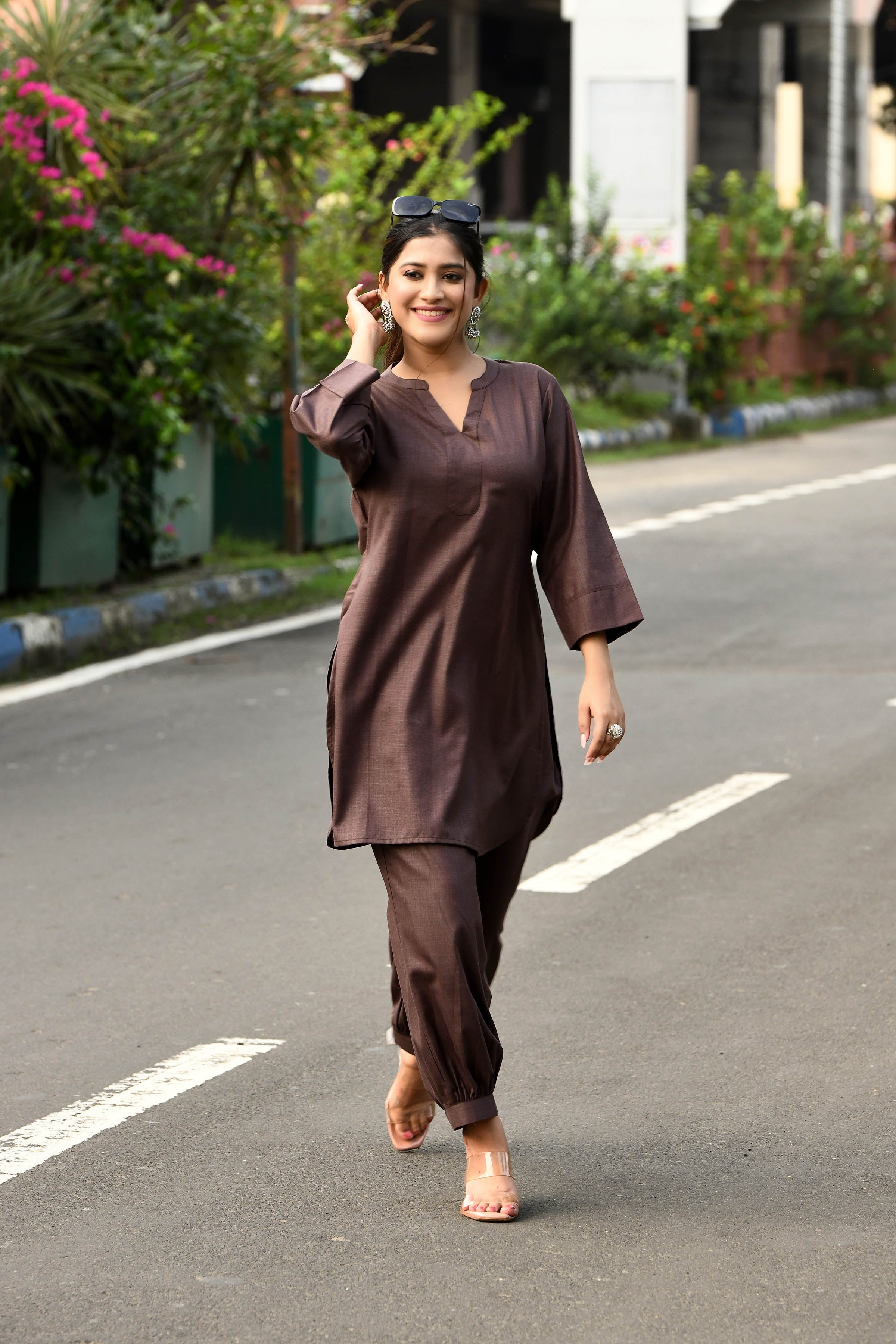 Rich Chocolate brown cotton slub Co-ord set with pants in harem style