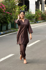 Rich Chocolate brown cotton slub Co-ord set with pants in harem style