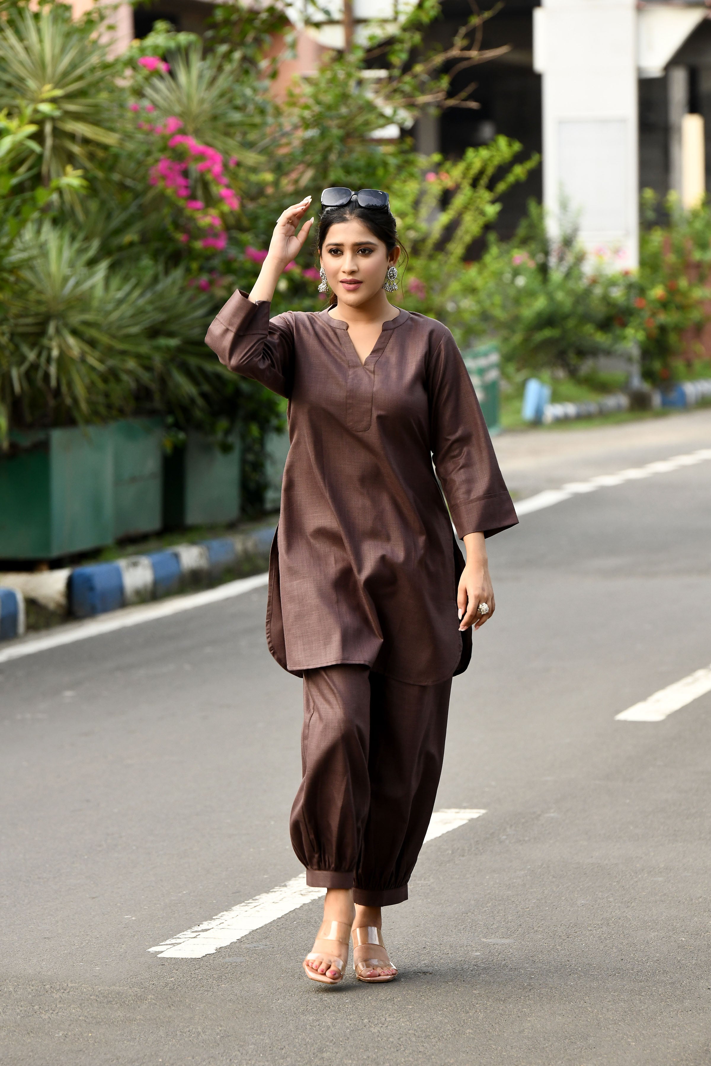 Rich Chocolate brown cotton slub Co-ord set with pants in harem style