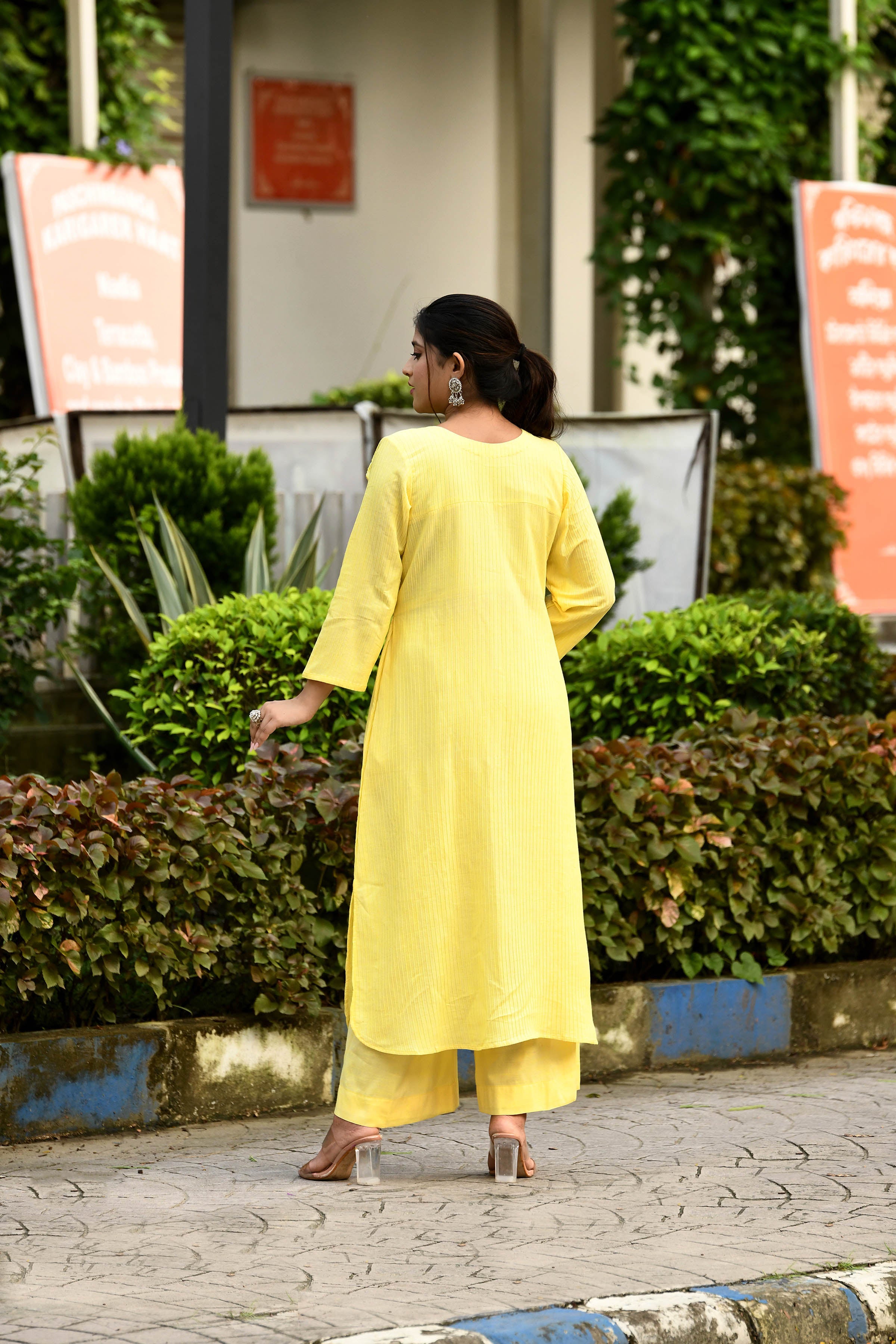 Radiant Yellow pintex cotton U shaped long straight kurta with matching trousers