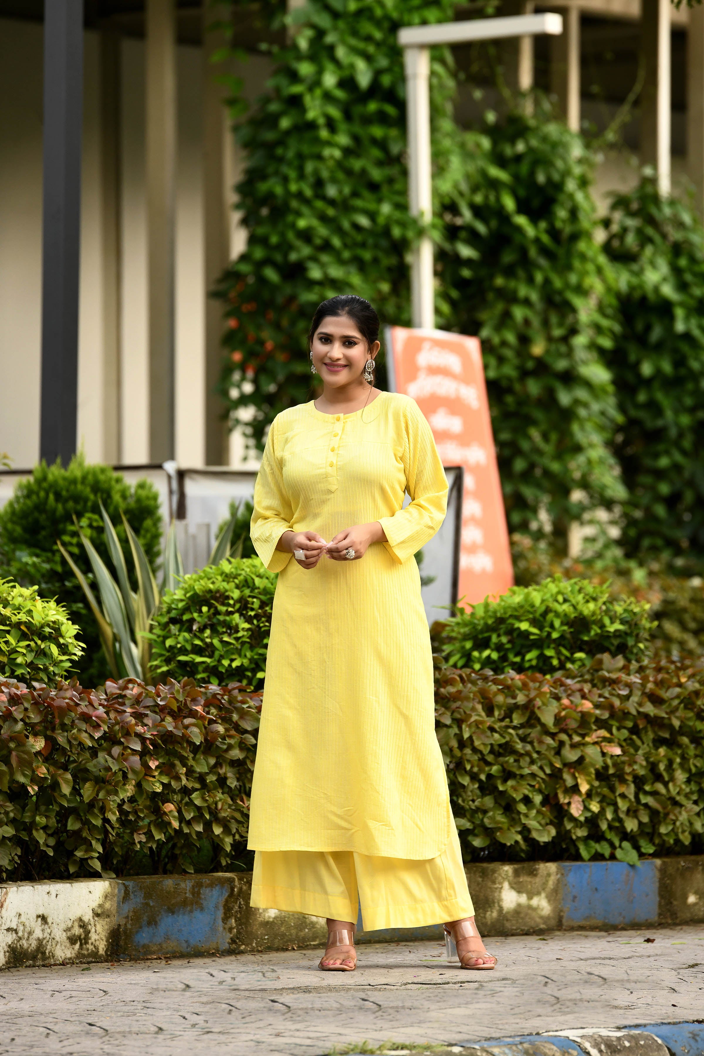 Radiant Yellow pintex cotton U shaped long straight kurta with matching trousers