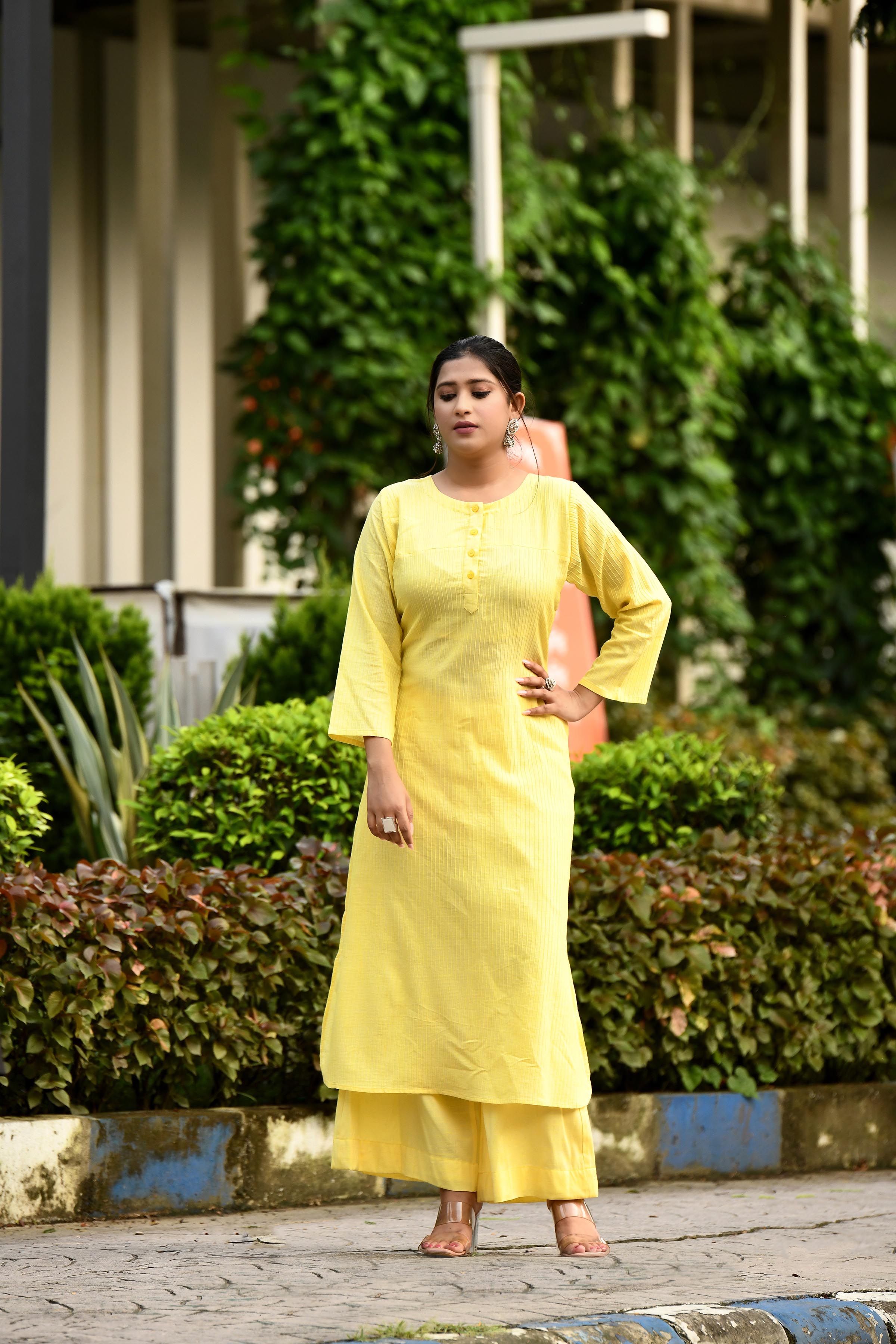 Radiant Yellow pintex cotton U shaped long straight kurta with matching trousers