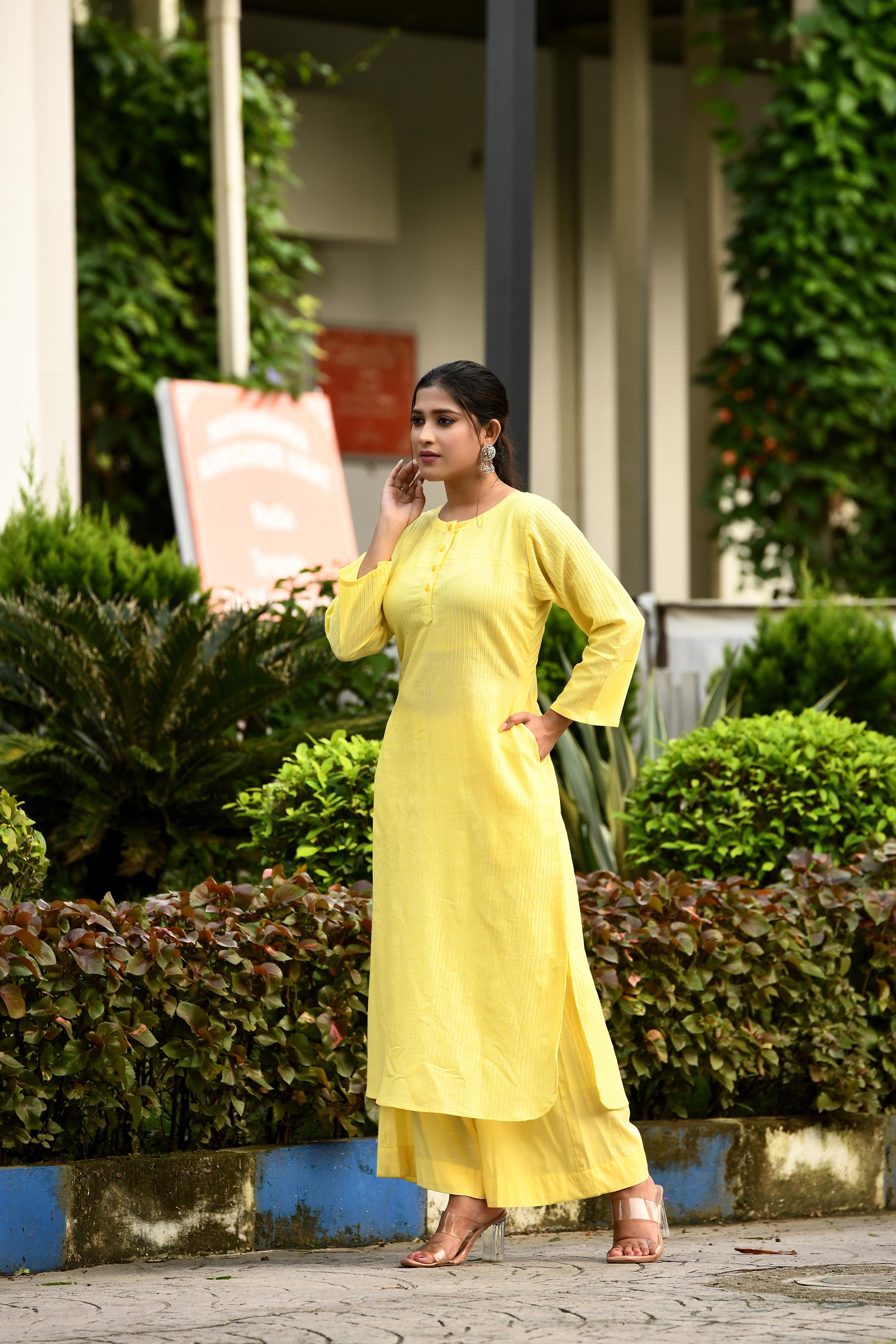Radiant Yellow pintex cotton U shaped long straight kurta with matching trousers