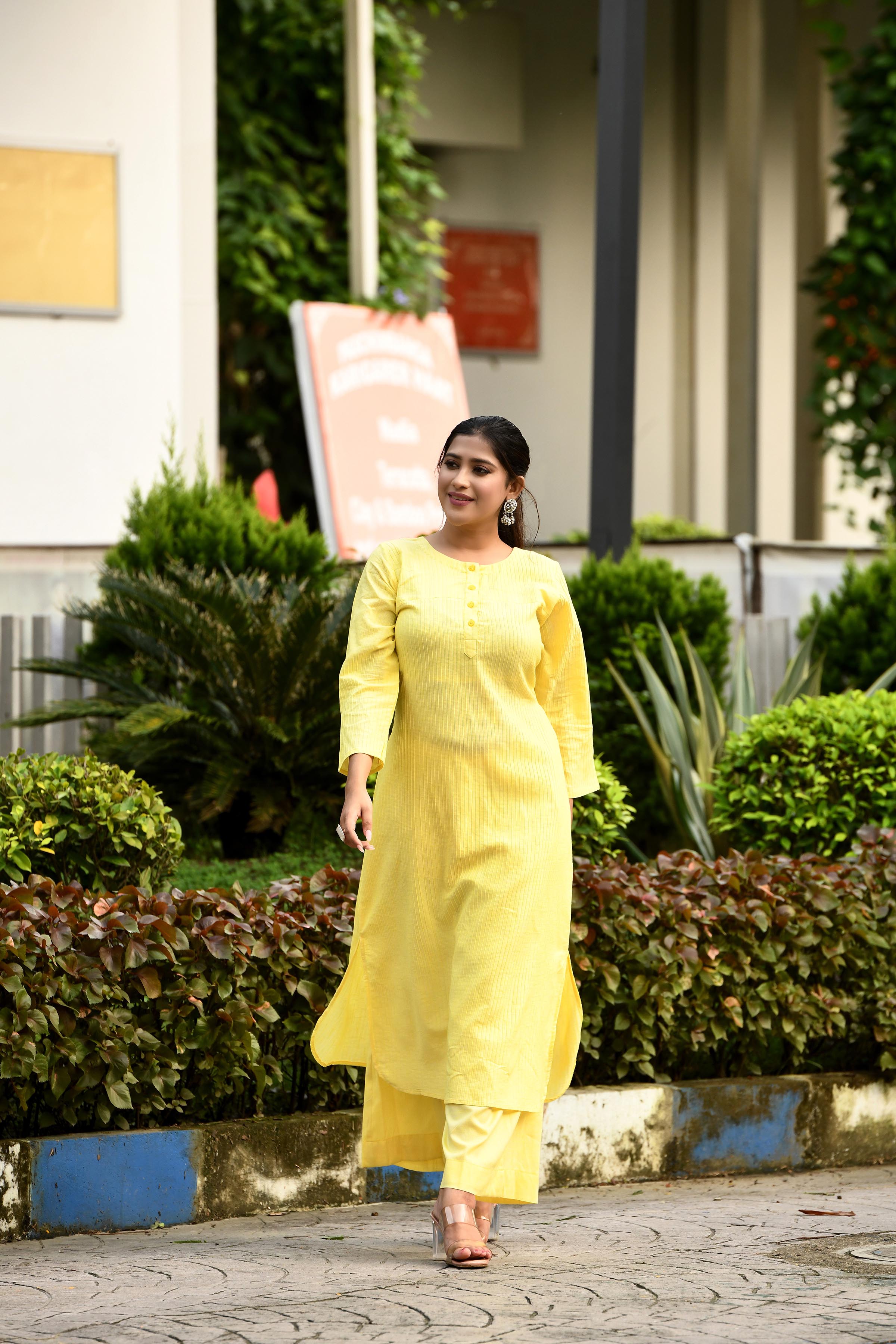 Radiant Yellow pintex cotton U shaped long straight kurta with matching trousers
