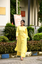 Radiant Yellow pintex cotton U shaped long straight kurta with matching trousers
