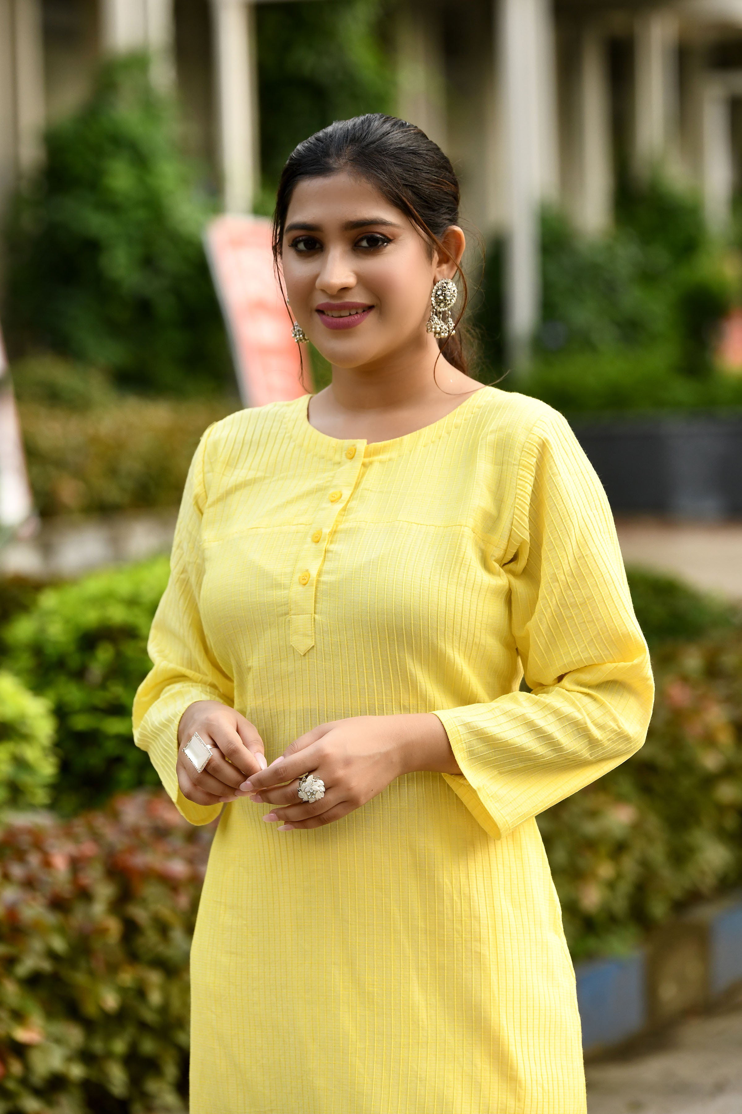 Radiant Yellow pintex cotton U shaped long straight kurta with matching trousers