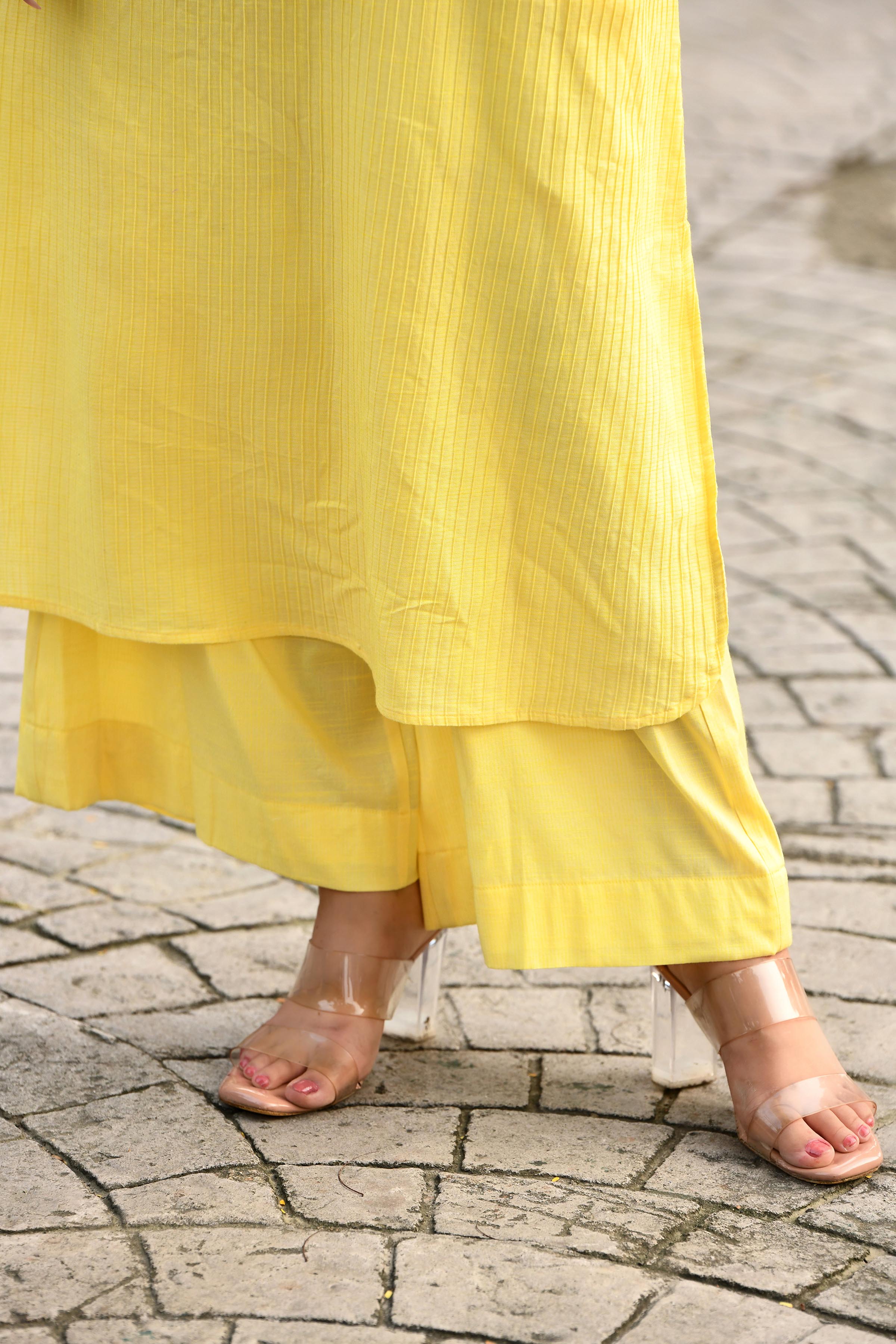 Radiant Yellow pintex cotton U shaped long straight kurta with matching trousers