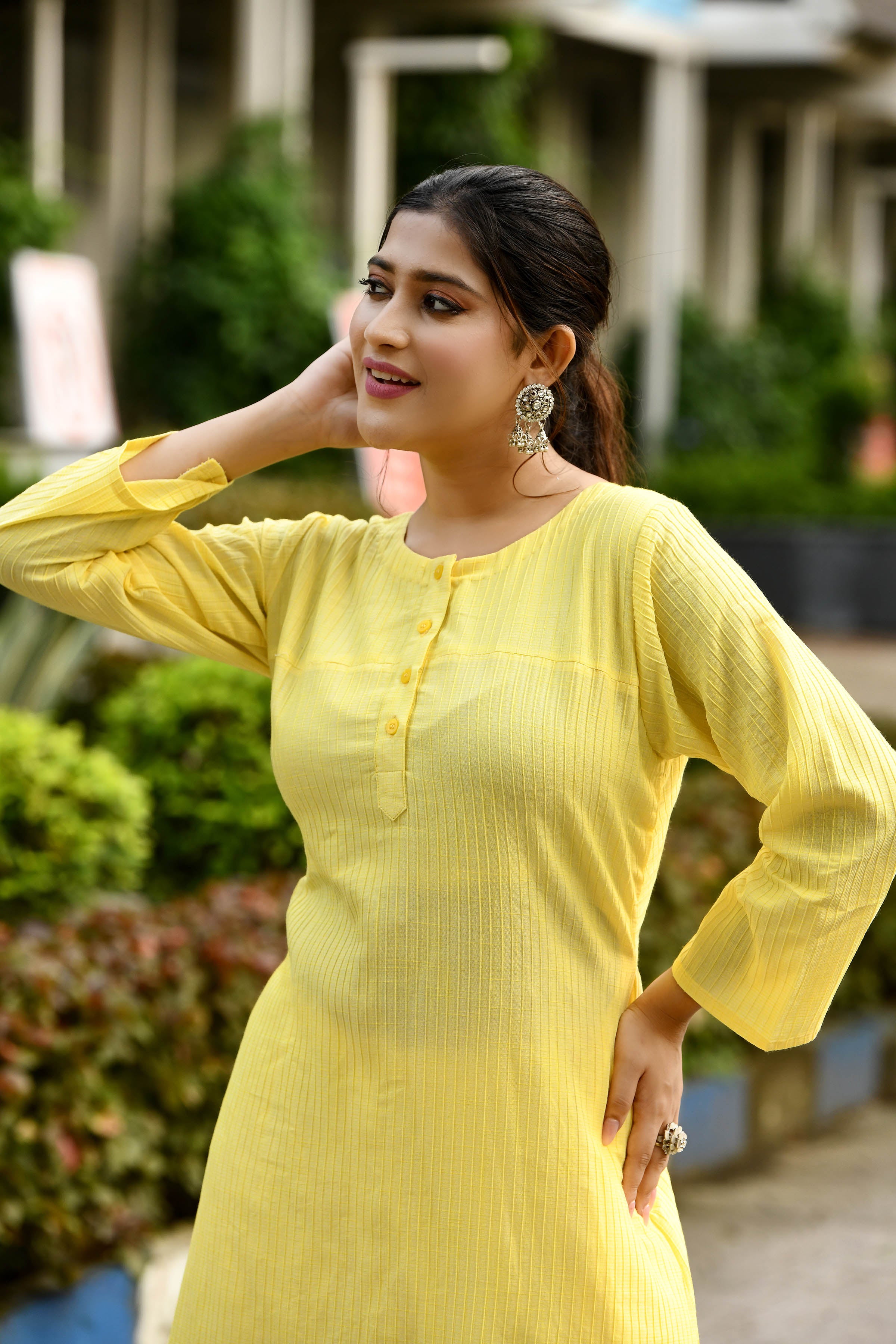 Radiant Yellow pintex cotton U shaped long straight kurta with matching trousers