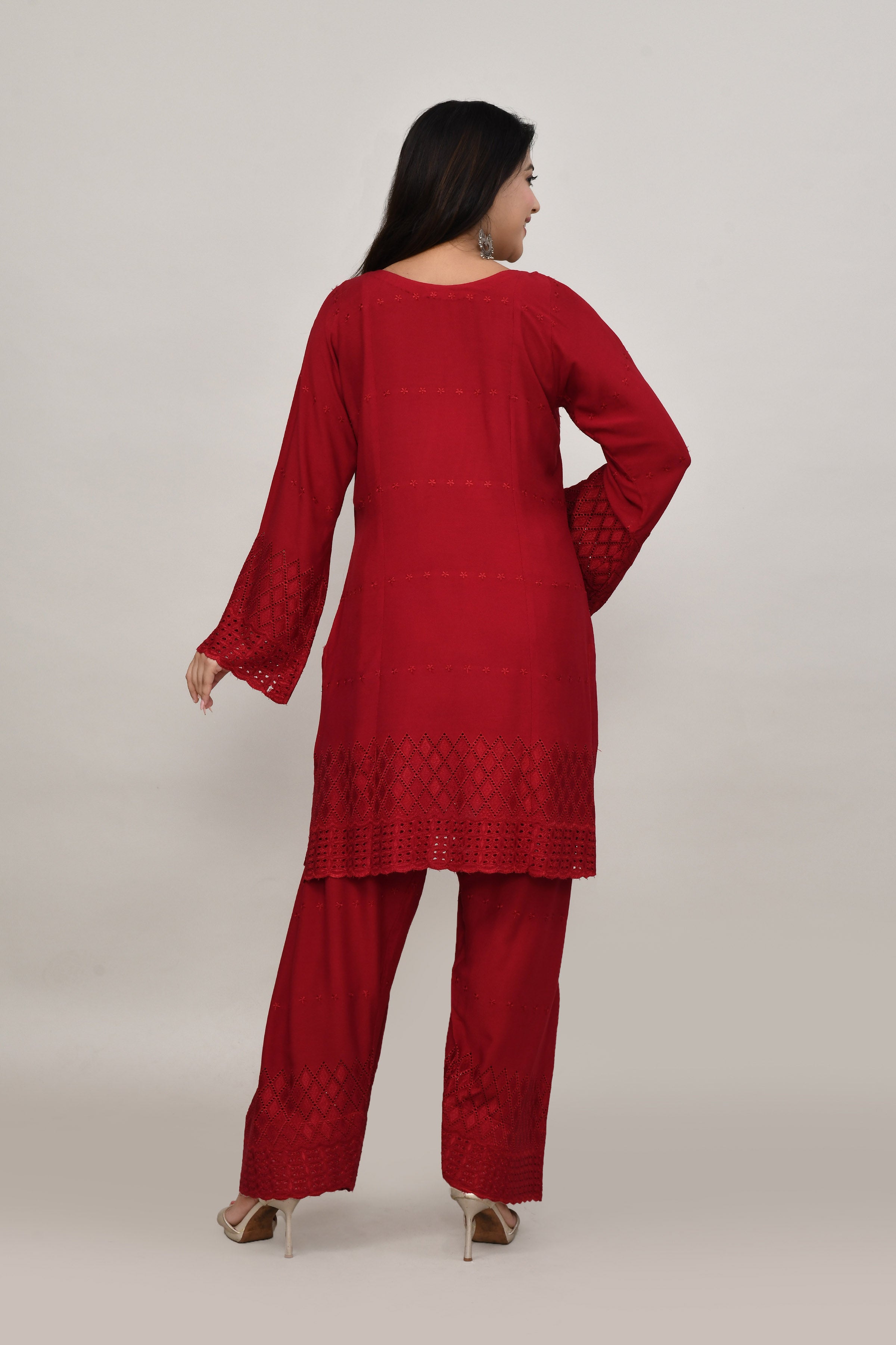 Classic Mellow red flared sleeves mid thigh length straight kurta and farshi salwar set with cut work embroidery