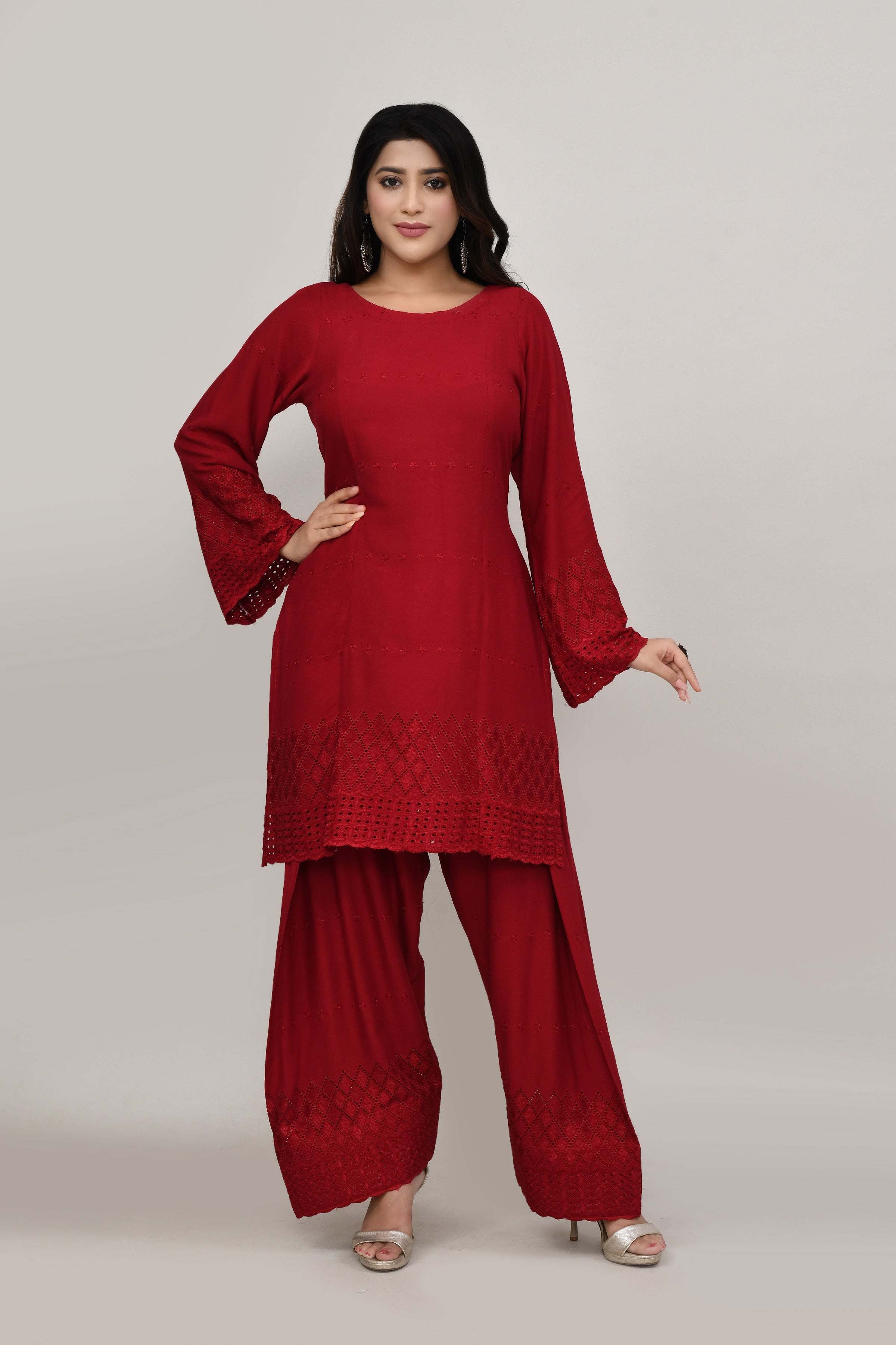 Classic Mellow red flared sleeves mid thigh length straight kurta and farshi salwar set with cut work embroidery
