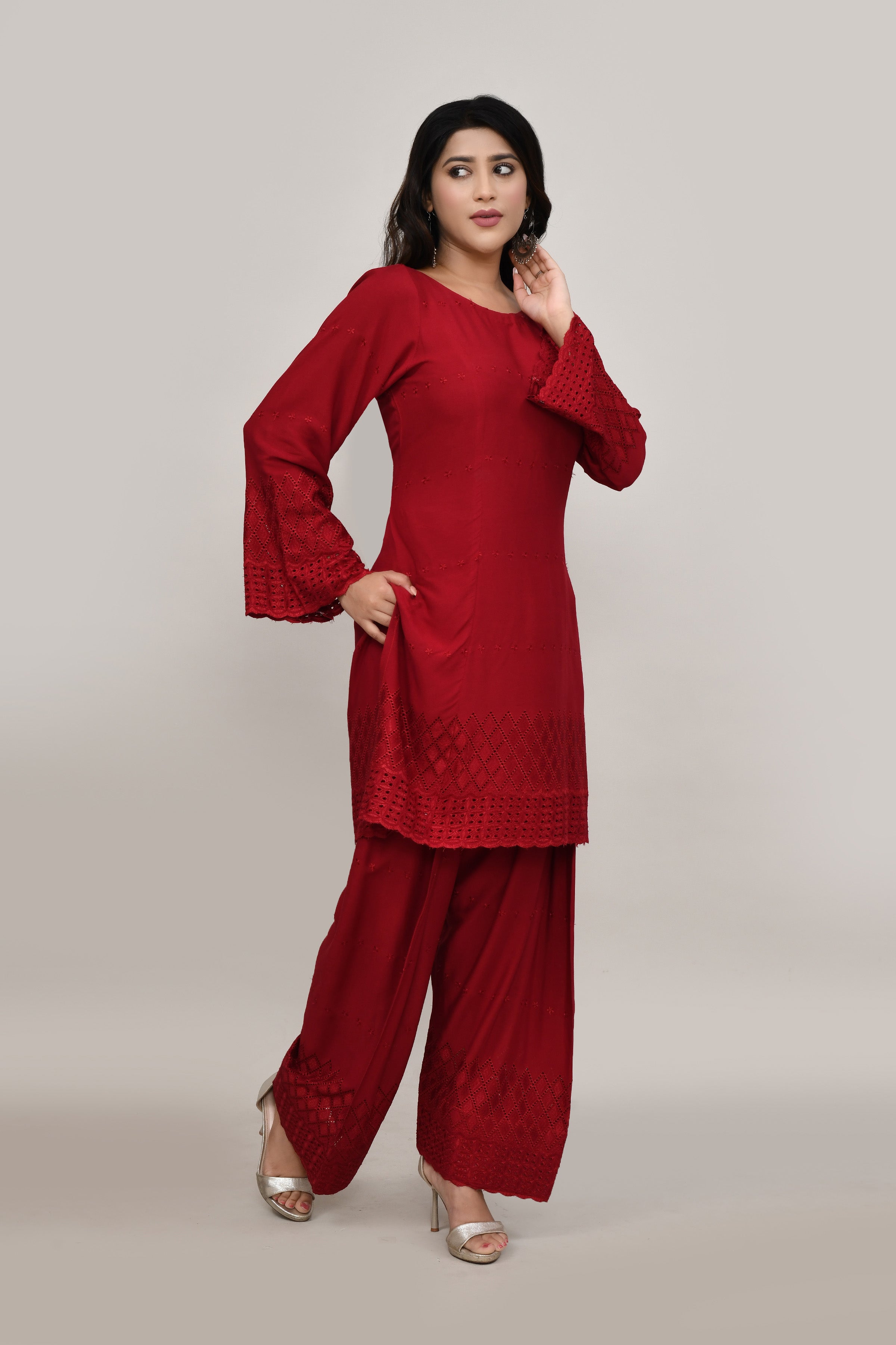 Classic Mellow red flared sleeves mid thigh length straight kurta and farshi salwar set with cut work embroidery