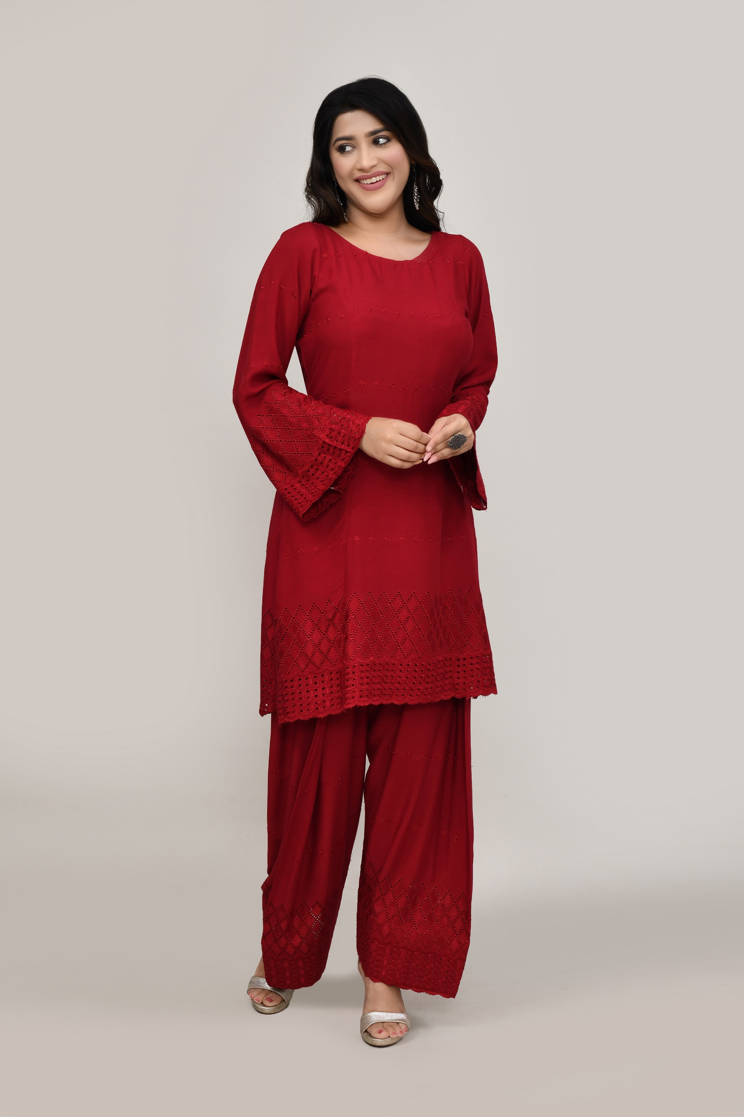 Classic Mellow red flared sleeves mid thigh length straight kurta and farshi salwar set with cut work embroidery