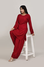 Classic Mellow red flared sleeves mid thigh length straight kurta and farshi salwar set with cut work embroidery