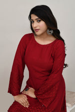 Classic Mellow red flared sleeves mid thigh length straight kurta and farshi salwar set with cut work embroidery