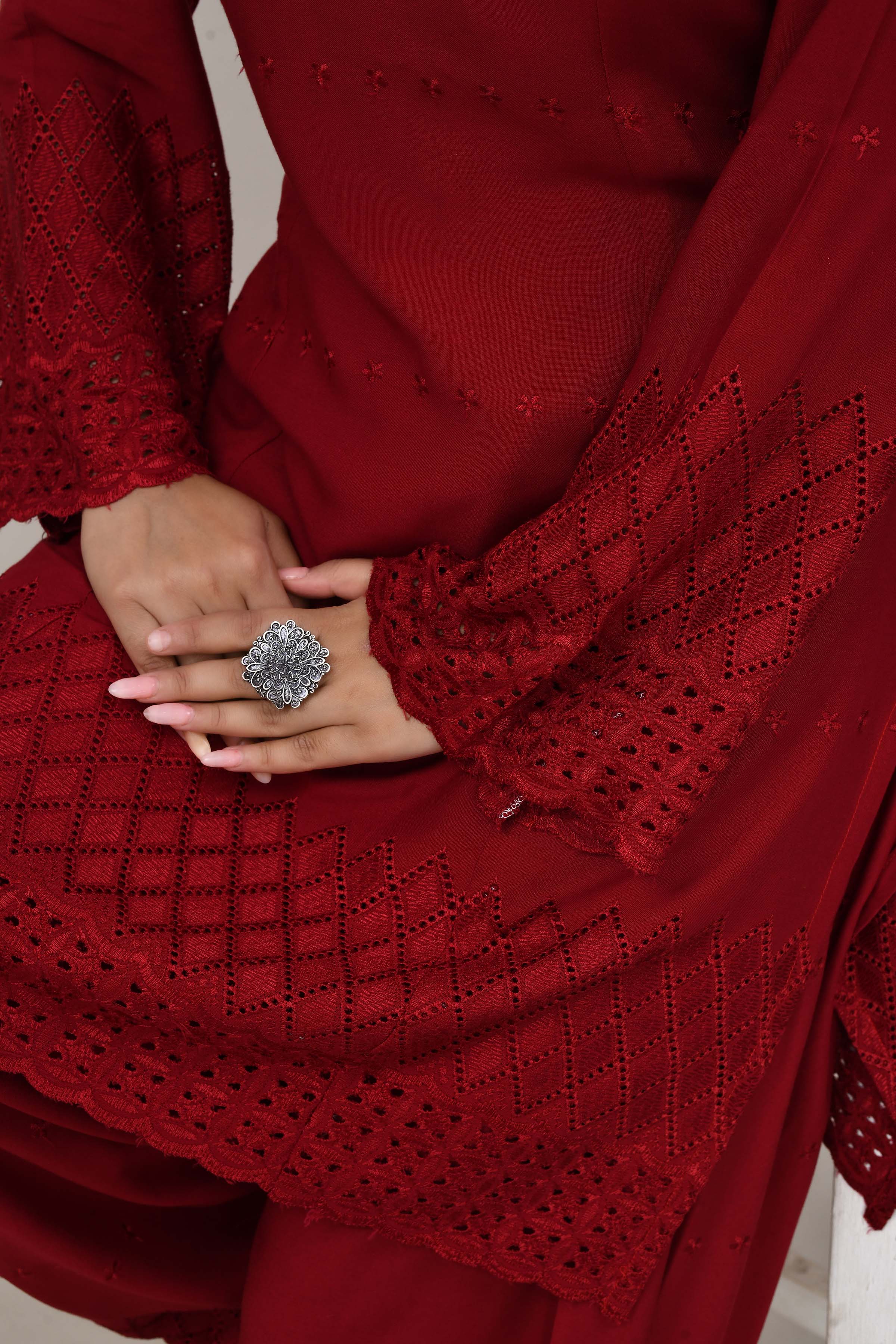 Classic Mellow red flared sleeves mid thigh length straight kurta and farshi salwar set with cut work embroidery