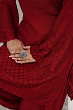 Classic Mellow red flared sleeves mid thigh length straight kurta and farshi salwar set with cut work embroidery