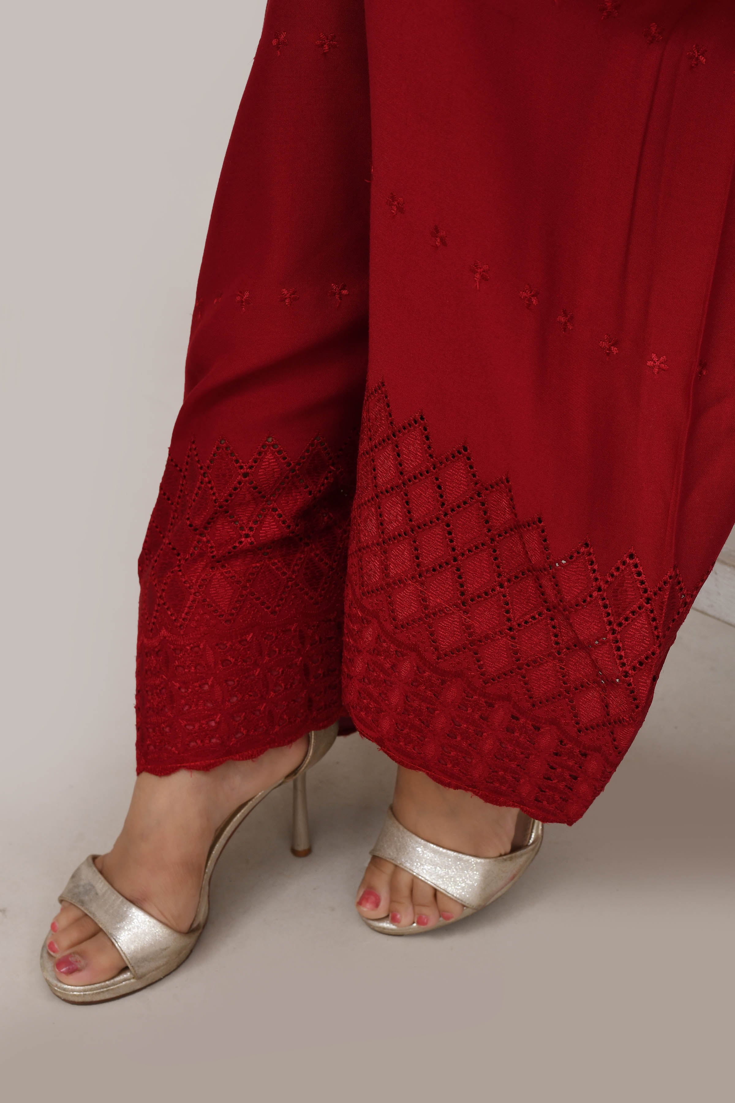 Classic Mellow red flared sleeves mid thigh length straight kurta and farshi salwar set with cut work embroidery