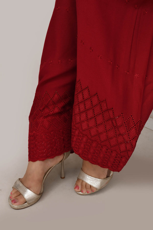 Classic Mellow red flared sleeves mid thigh length straight kurta and farshi salwar set with cut work embroidery