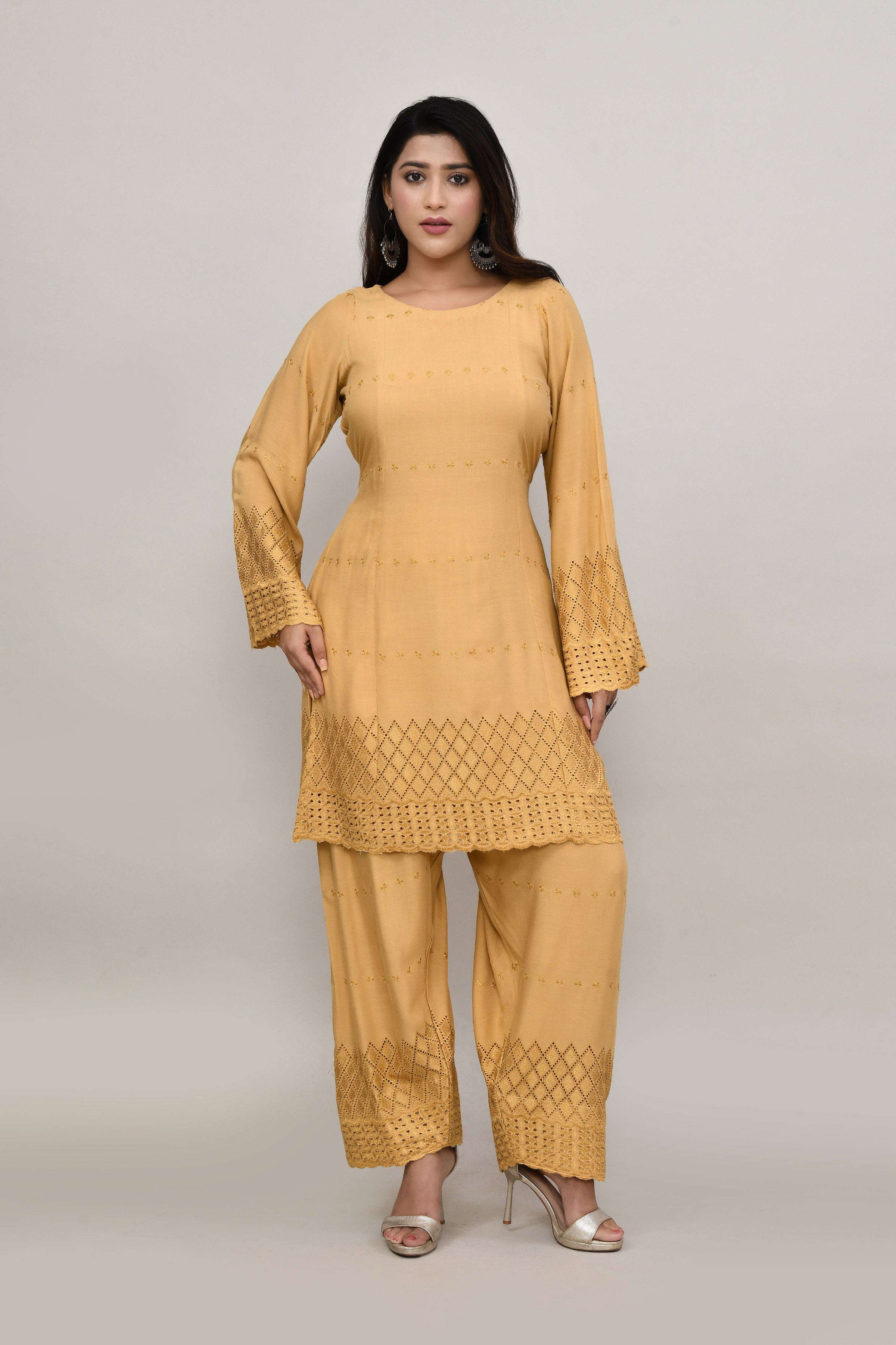 Elegant beige flared sleeves mid thigh length straight kurta and farshi salwar set with cut work embroidery