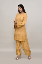 Elegant beige flared sleeves mid thigh length straight kurta and farshi salwar set with cut work embroidery