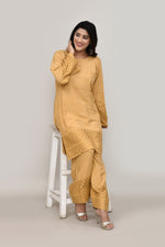 Elegant beige flared sleeves mid thigh length straight kurta and farshi salwar set with cut work embroidery