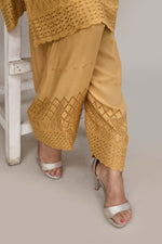 Elegant beige flared sleeves mid thigh length straight kurta and farshi salwar set with cut work embroidery