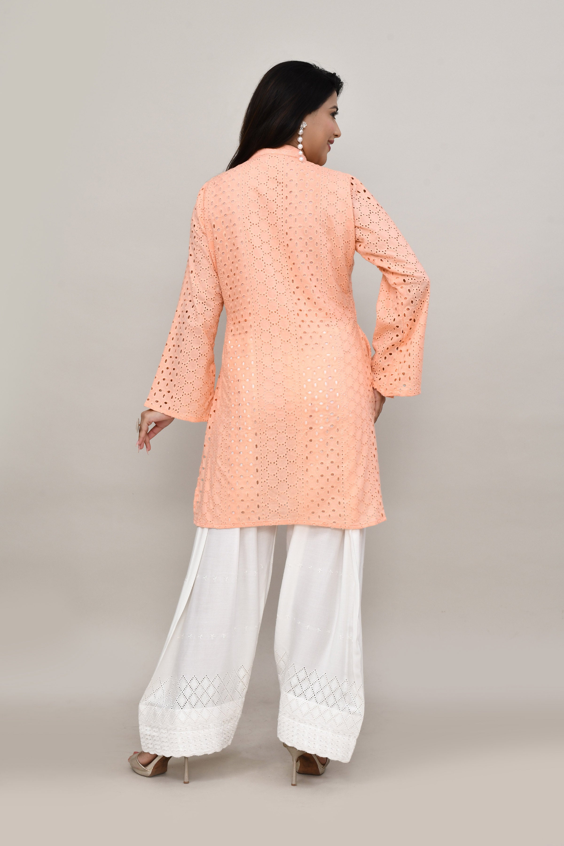 Delicate Peach hakoba flared sleeves mid thigh length straight kurta with off white farshi salwar with cut work embroidery