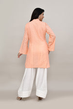 Delicate Peach hakoba flared sleeves mid thigh length straight kurta with off white farshi salwar with cut work embroidery
