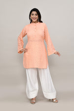 Delicate Peach hakoba flared sleeves mid thigh length straight kurta with off white farshi salwar with cut work embroidery