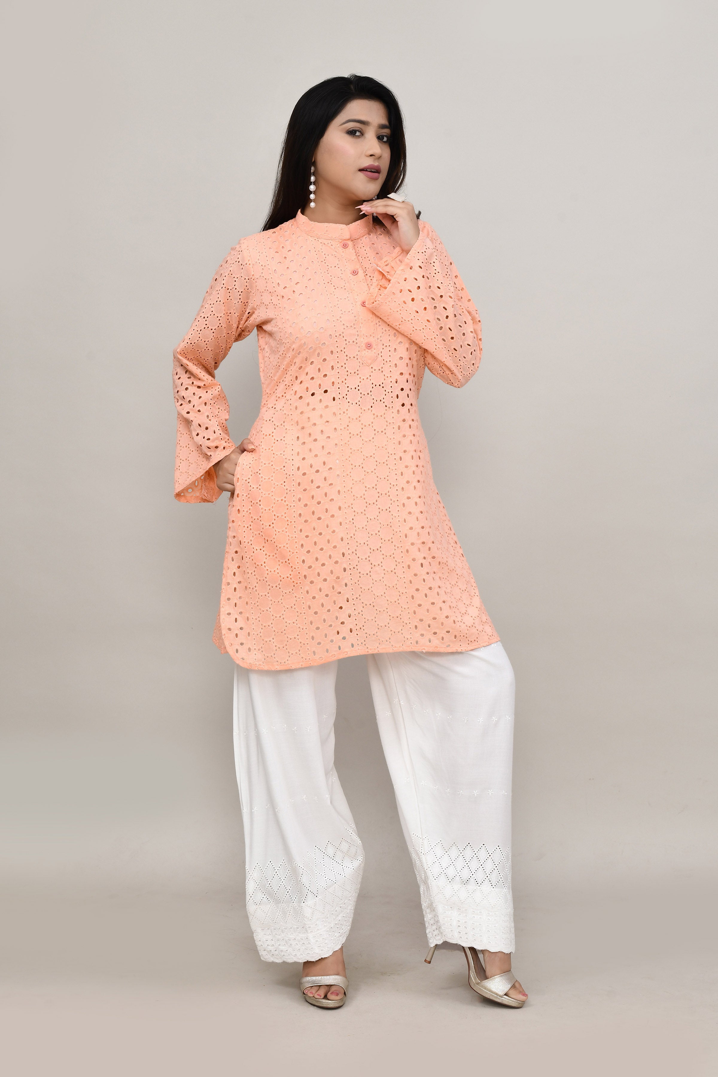 Delicate Peach hakoba flared sleeves mid thigh length straight kurta with off white farshi salwar with cut work embroidery