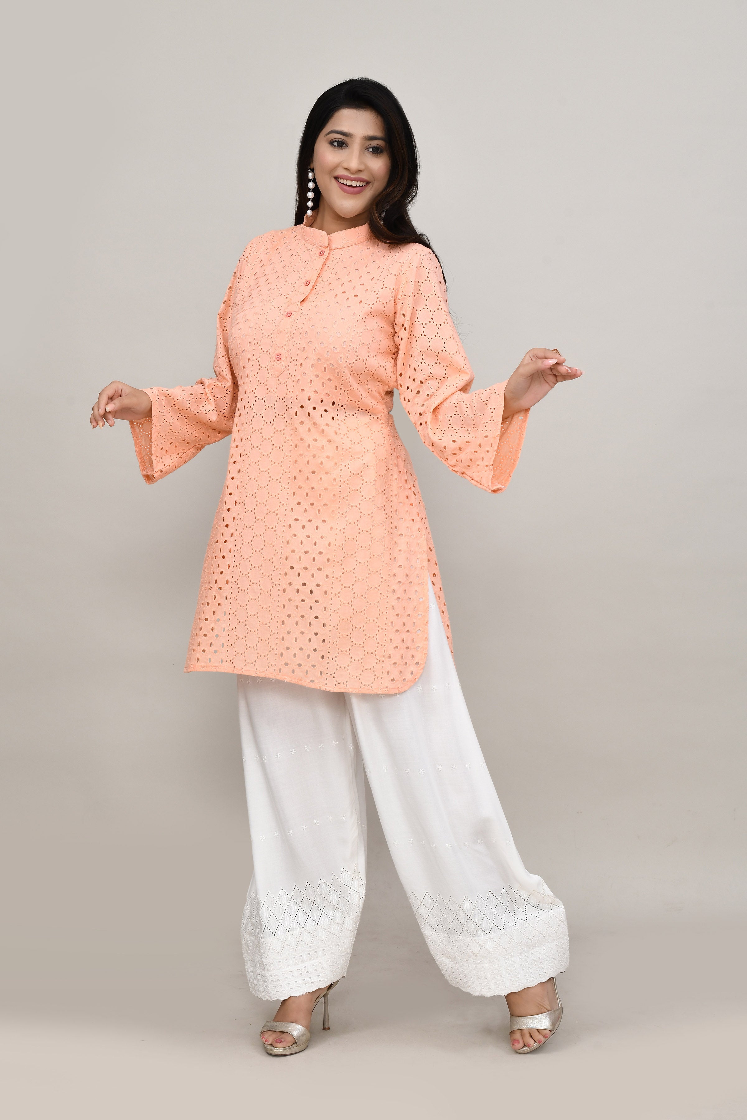 Delicate Peach hakoba flared sleeves mid thigh length straight kurta with off white farshi salwar with cut work embroidery