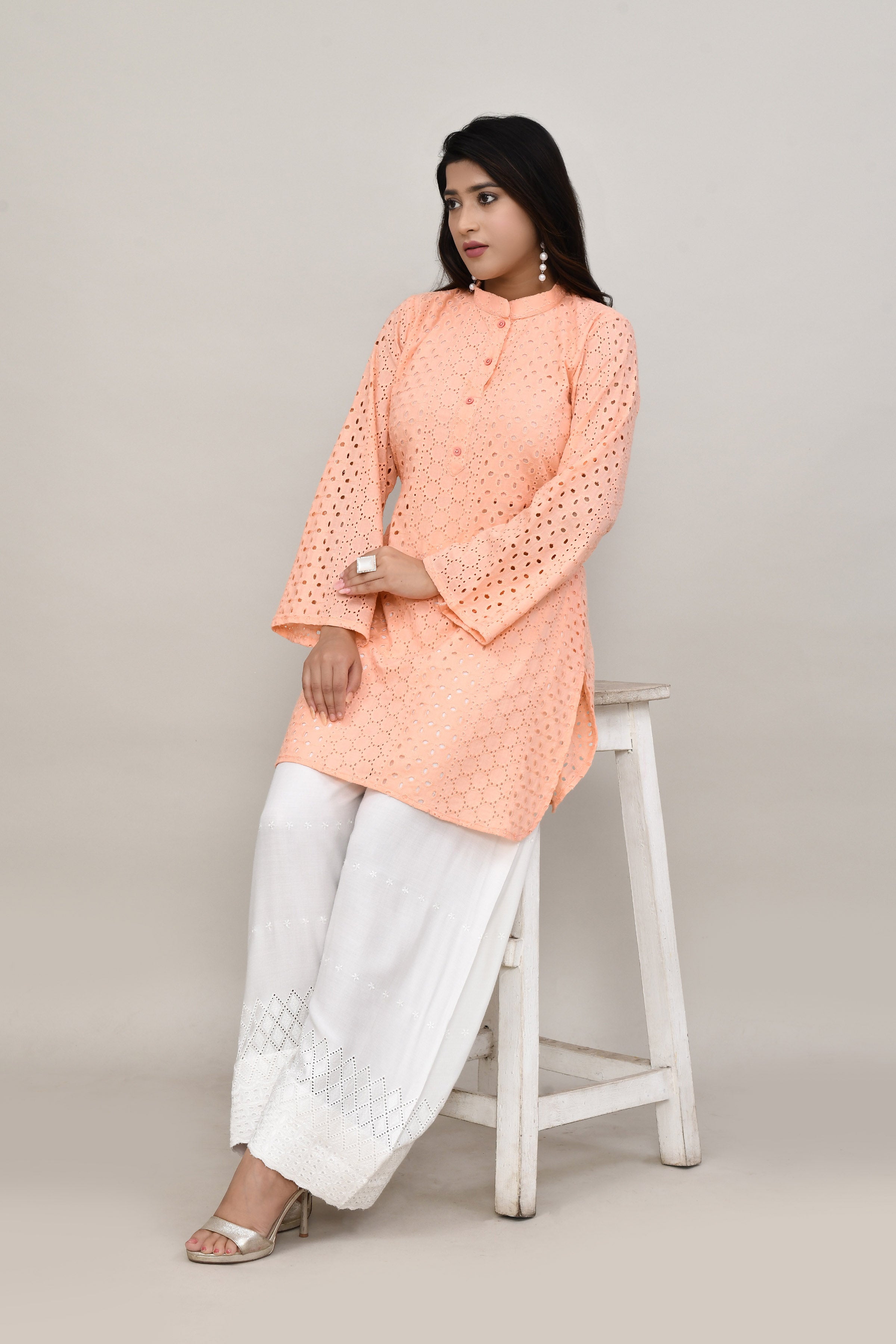 Delicate Peach hakoba flared sleeves mid thigh length straight kurta with off white farshi salwar with cut work embroidery